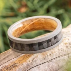 Carbon Fiber Wedding Band, Whiskey Oak Sleeve Ring With Sandblasted Titanium