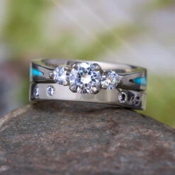 Turquoise Bridal Set, Three Stone Engagement Ring & Matching Band 13 Turquoise Bridal Set, Three Stone Engagement Ring & Matching Band -Johan Jewelry Shop E2728 3885SetCropped 1
