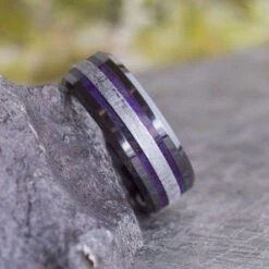 Purple Men's Wedding Band With Wood & Meteorite