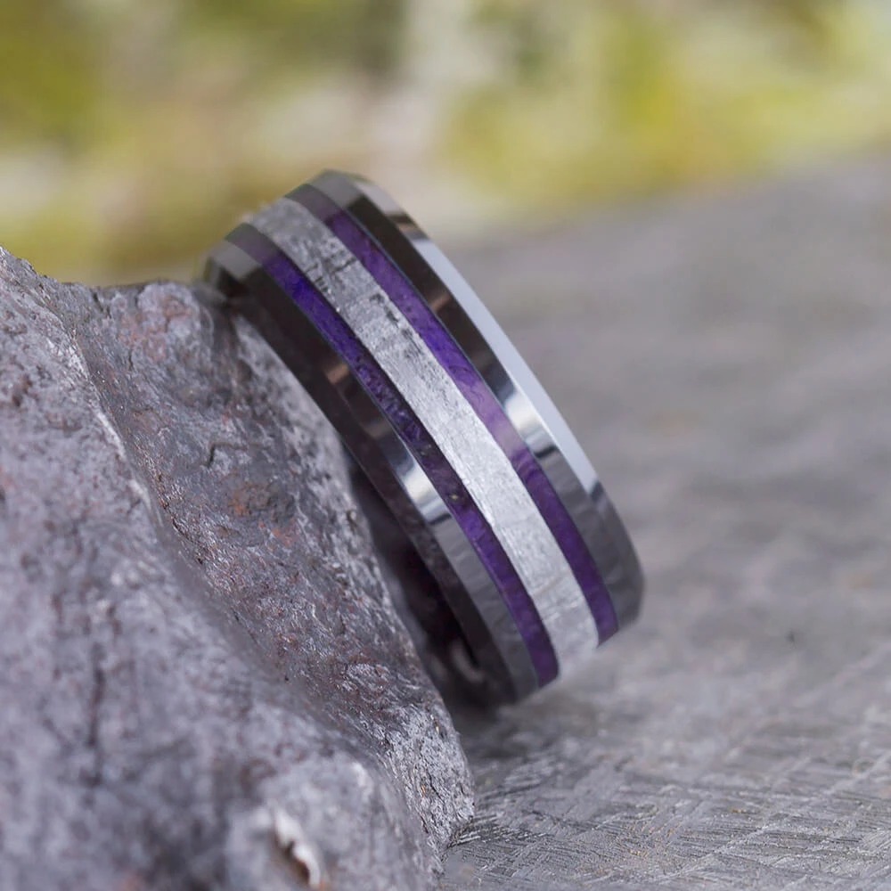 Purple Men's Wedding Band With Wood & Meteorite 3 Purple Men's Wedding Band With Wood & Meteorite