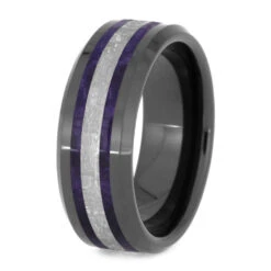 Purple Men's Wedding Band With Wood & Meteorite 10 Purple Men's Wedding Band With Wood & Meteorite -Johan Jewelry Shop E2 2548 Stacked 1.5
