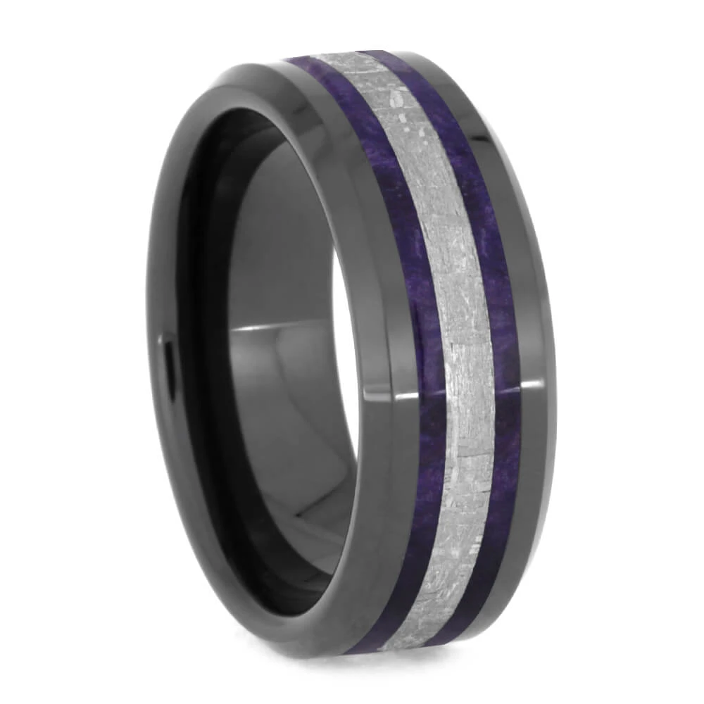 Purple Men's Wedding Band With Wood & Meteorite 4 Purple Men's Wedding Band With Wood & Meteorite - Image 2