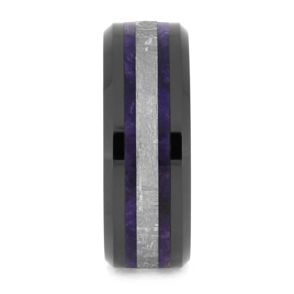 Purple Men's Wedding Band With Wood & Meteorite 6 Purple Men's Wedding Band With Wood & Meteorite - Image 4