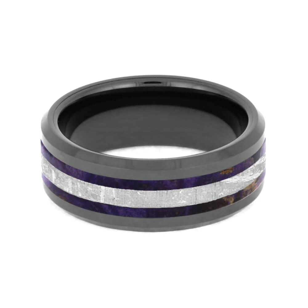 Purple Men's Wedding Band With Wood & Meteorite 7 Purple Men's Wedding Band With Wood & Meteorite - Image 5