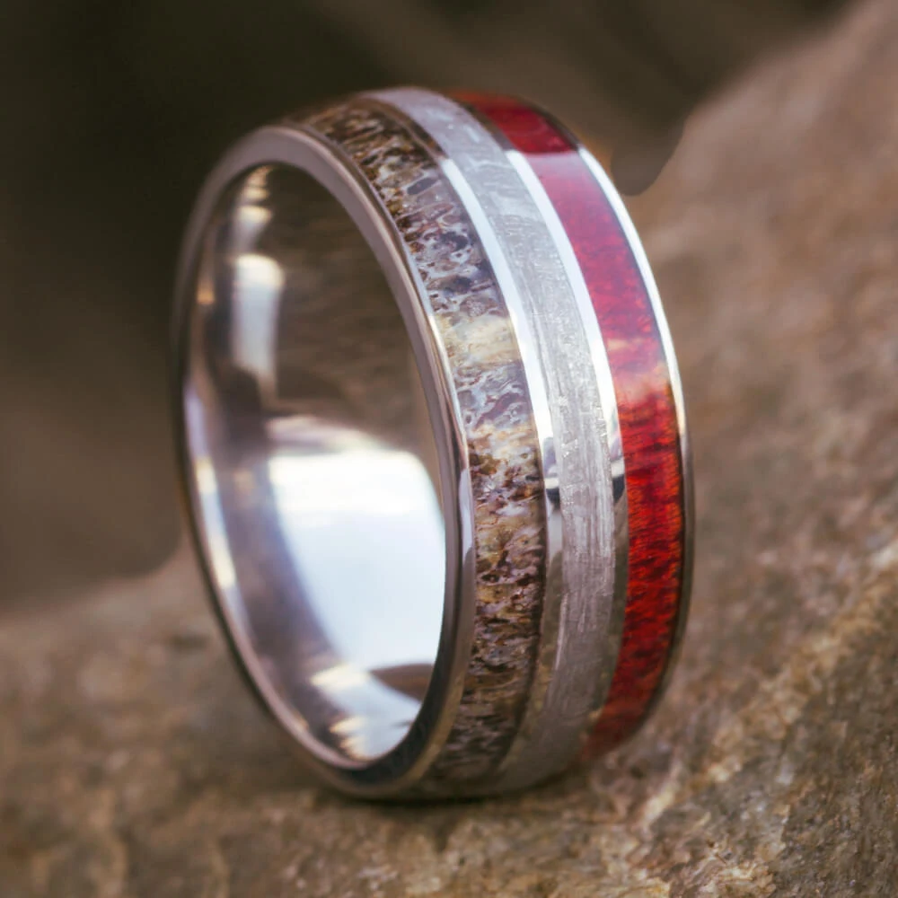 Men's Wedding Band With Wood, Meteorite & Antler 3 Men's Wedding Band With Wood, Meteorite & Antler