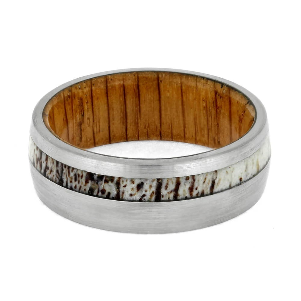 Brushed Titanium Wedding Band With Oak Wood Sleeve And Antler 7 Brushed Titanium Wedding Band With Oak Wood Sleeve And Antler - Image 5