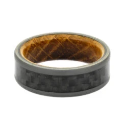 Carbon Fiber Wedding Band, Whiskey Oak Sleeve Ring With Sandblasted Titanium -Johan Jewelry Shop E2 2707 3