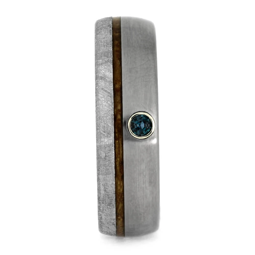 Alexandrite Men's Wedding Band With Meteorite And Whiskey Barrel Wood 5 Alexandrite Men's Wedding Band With Meteorite And Whiskey Barrel Wood - Image 3