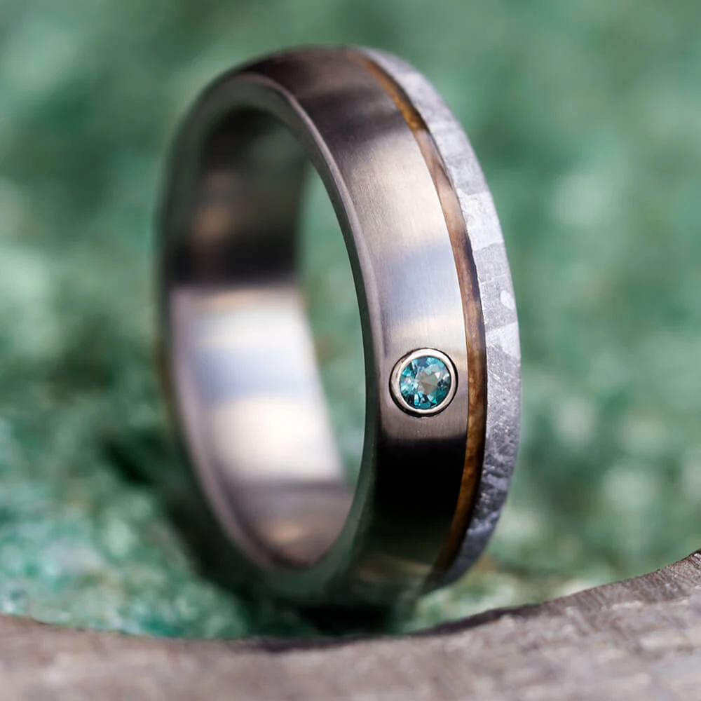 Alexandrite Men's Wedding Band With Meteorite And Whiskey Barrel Wood 9 Alexandrite Men's Wedding Band With Meteorite And Whiskey Barrel Wood - Image 7