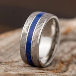 Meteorite & Lapis Lazuli Men's Wedding Band, Blue Ring For Groom -Johan Jewelry Shop E2 3864 Cook Art 2