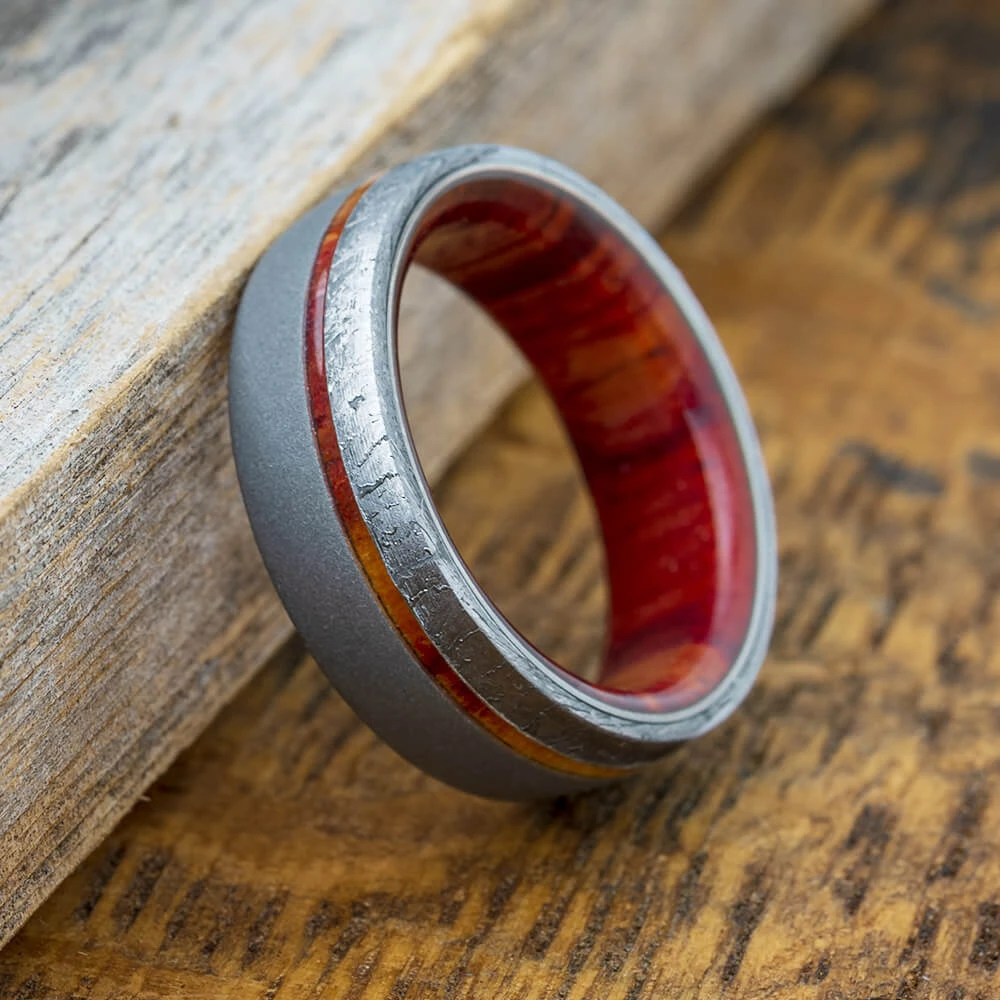 Exotic Wood And Meteorite Wedding Band With Sandblasted Titanium 3 Exotic Wood And Meteorite Wedding Band With Sandblasted Titanium
