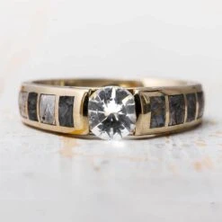 Moissanite Ring With Dinosaur Bone And Meteorite