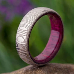 Damascus Wedding Band With Purple Heart Wood Sleeve -Johan Jewelry Shop E3232ArtCropped 2