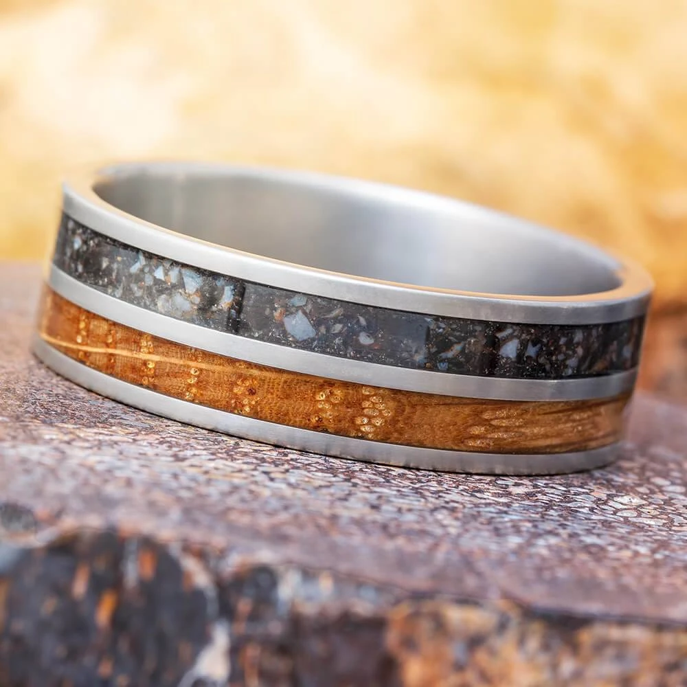 Whiskey Barrel Oak Wood & Dinosaur Bone Men's Wedding Band 3 Whiskey Barrel Oak Wood & Dinosaur Bone Men's Wedding Band