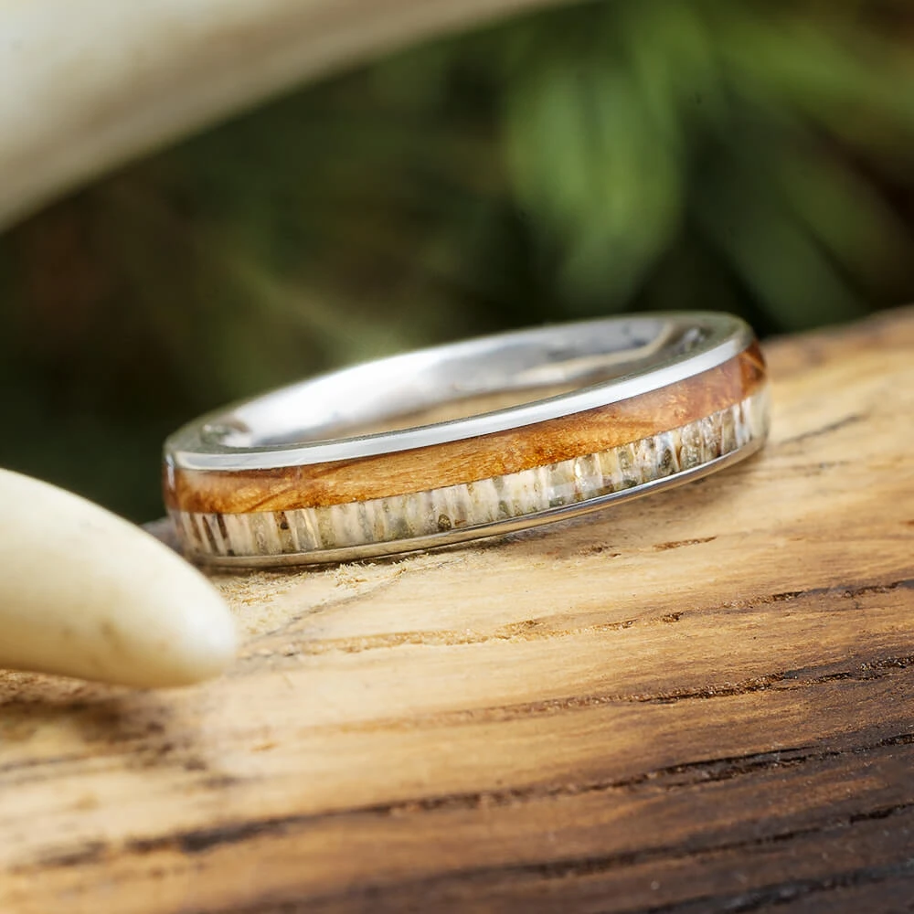 Deer Antler & Whiskey Barrel Oak Wood Ring 3 Deer Antler & Whiskey Barrel Oak Wood Ring