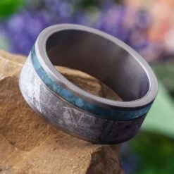 Meteorite Men's Wedding Band With Turquoise In Brushed Titanium