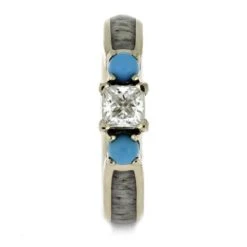Three Stone Engagement Ring With Antler & Turquoise In White Gold -Johan Jewelry Shop E3367WG 2