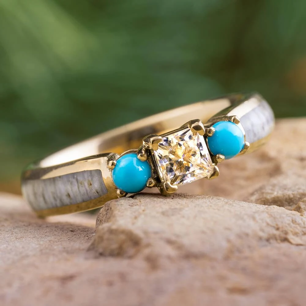 Gold Three Stone Engagement Ring With Antler & Turquoise 3 Gold Three Stone Engagement Ring With Antler & Turquoise