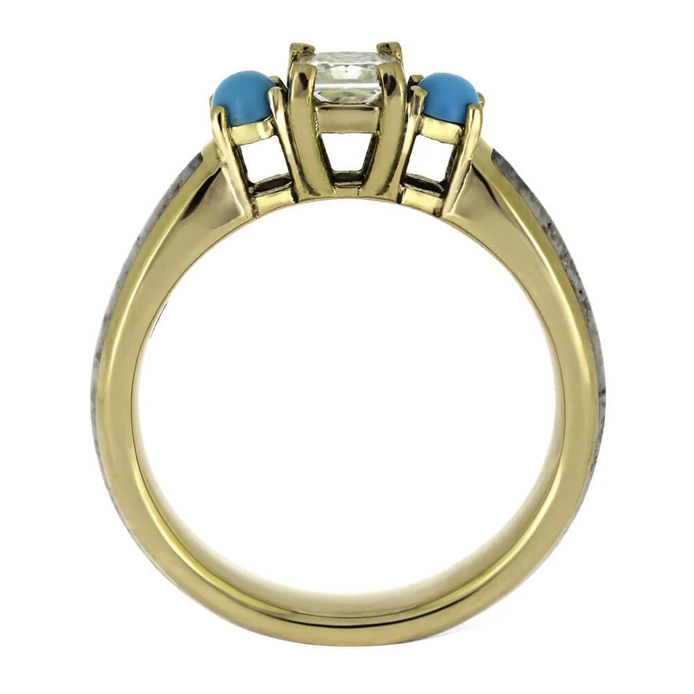Gold Three Stone Engagement Ring With Antler & Turquoise 7 Gold Three Stone Engagement Ring With Antler & Turquoise - Image 5