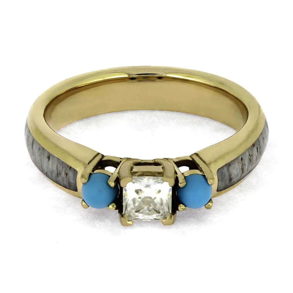 Gold Three Stone Engagement Ring With Antler & Turquoise 8 Gold Three Stone Engagement Ring With Antler & Turquoise - Image 6