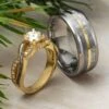 Matching Meteorite Wedding Ring Set With Yellow Gold Accents -Johan Jewelry Shop E3378 4921GroupCropped 1 6