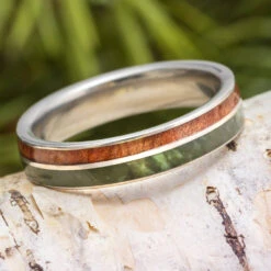 Green Jade Ring & Natural Redwood Wedding Band -Johan Jewelry Shop E3398ArtMayCropped 1