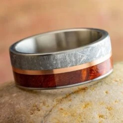 Wood Wedding Band With Meteorite And Rose Gold