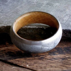 Men's Meteorite Wedding Band With Whiskey Barrel Wood Sleeve