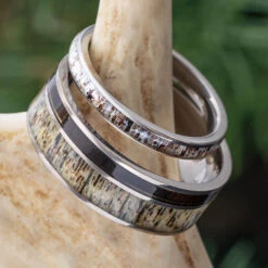 His & Hers Matching Deer Antler Wedding Band Set