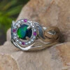 Opal Halo Engagement Ring Set With Diamond And Ruby Accents, 14k White Gold 2 Opal Halo Engagement Ring Set With Diamond And Ruby Accents, 14k White Gold -Johan Jewelry Shop E3441ArtCropped 2
