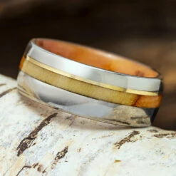 Titanium And Wood Ring With Gold Pinstripe