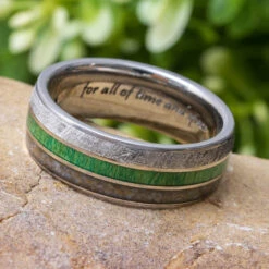 Meteorite, Green Wood & Dinosaur Bone Wedding Band 11 Meteorite, Green Wood & Dinosaur Bone Wedding Band -Johan Jewelry Shop E3500ArtEngravingCropped 2