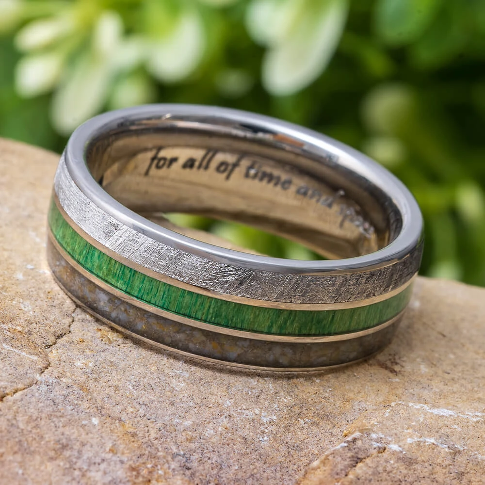 Meteorite, Green Wood & Dinosaur Bone Wedding Band 7 Meteorite, Green Wood & Dinosaur Bone Wedding Band - Image 5