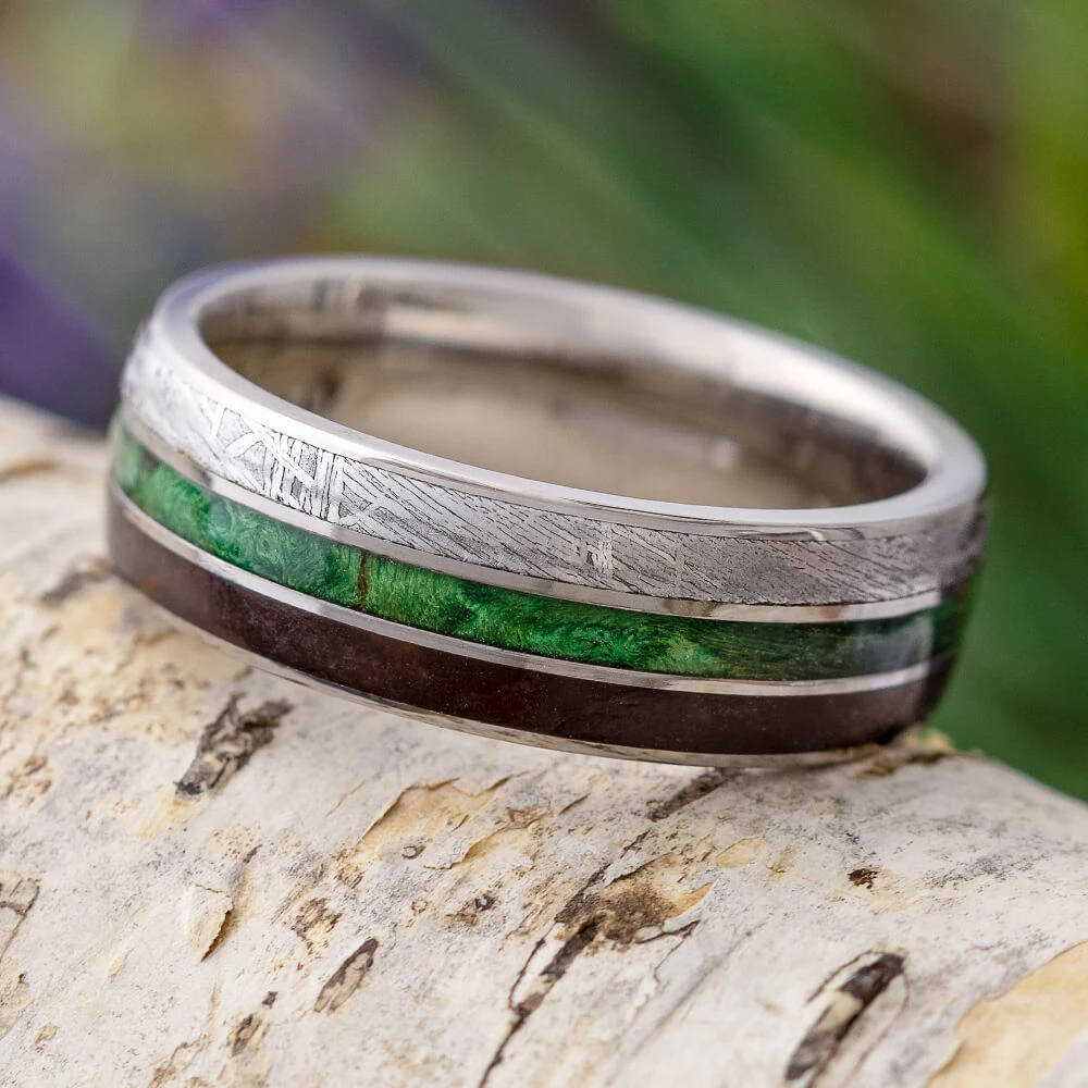 Meteorite, Green Wood & Dinosaur Bone Wedding Band 3 Meteorite, Green Wood & Dinosaur Bone Wedding Band