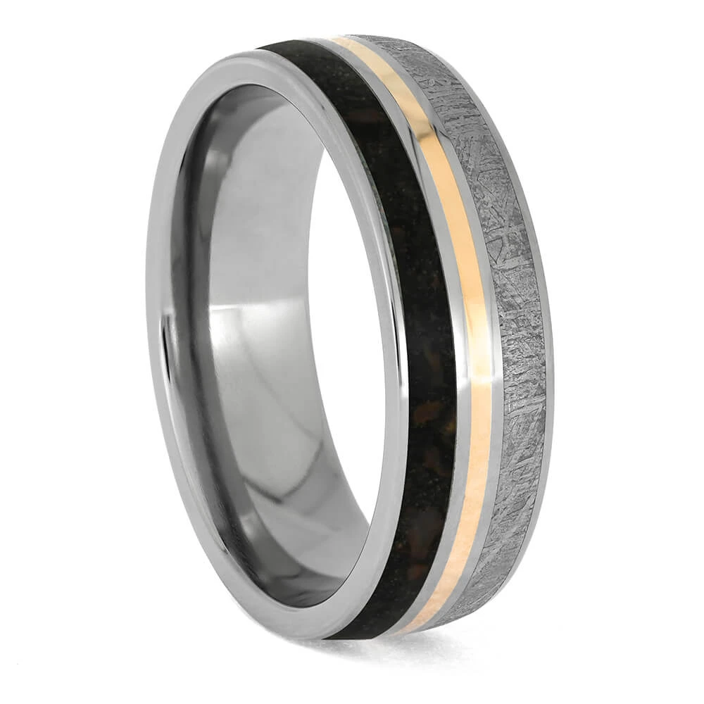 Meteorite And Fossil Wedding Band With Rose Gold Pinstripe 4 Meteorite And Fossil Wedding Band With Rose Gold Pinstripe - Image 2