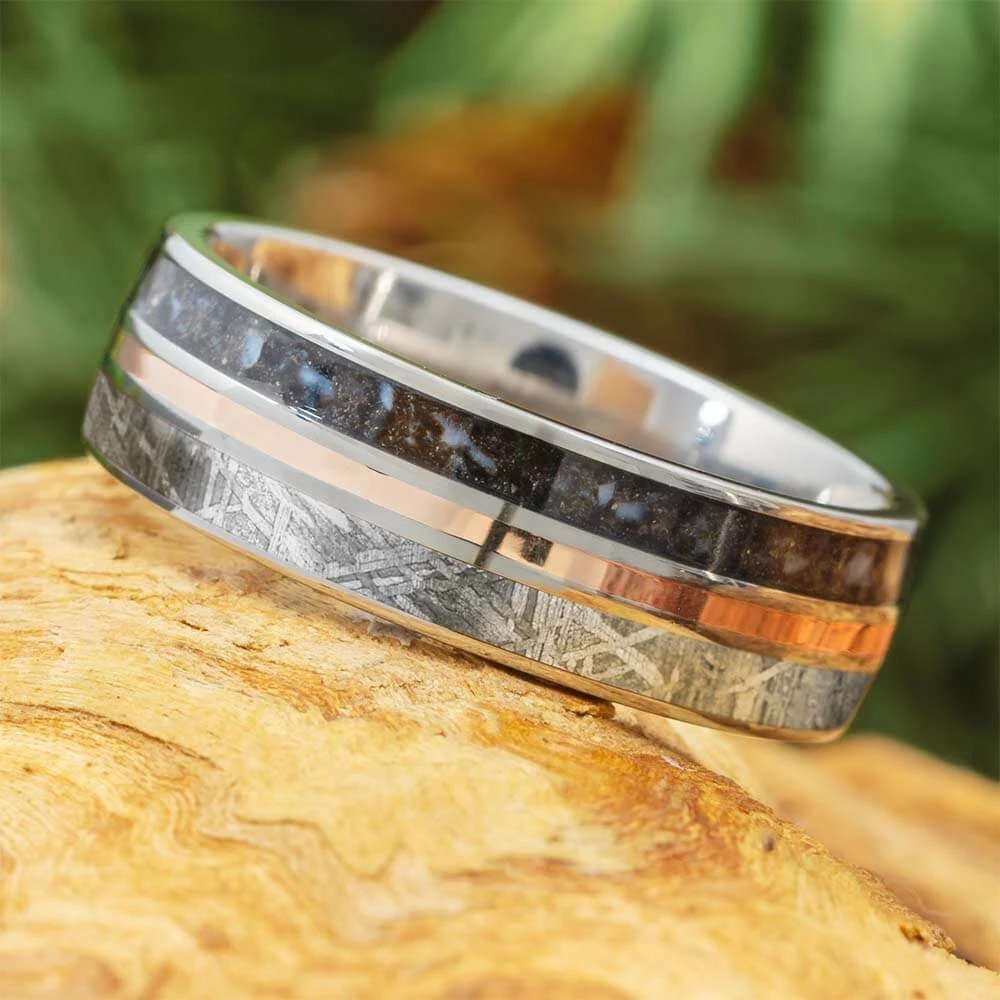 Meteorite And Fossil Wedding Band With Rose Gold Pinstripe 3 Meteorite And Fossil Wedding Band With Rose Gold Pinstripe