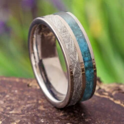 Crushed Turquoise Men's Wedding Band With Gibeon Meteorite