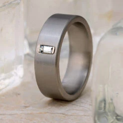 Baguette Sapphire Wedding Ring For Men, Titanium Band