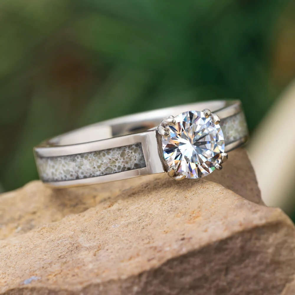 Antler Prong Moissanite Engagement Ring With Antler Inlay 3 Antler Prong Moissanite Engagement Ring With Antler Inlay