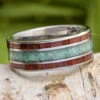 Bubinga Wood Ring With Chrysocolla, Titanium Wedding Band