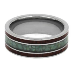 Bubinga Wood Ring With Chrysocolla, Titanium Wedding Band -Johan Jewelry Shop E3588WoodandChrysocolla 3