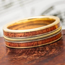 Guitar String Ring, Koa Wood Band With Solid Gold Sleeve