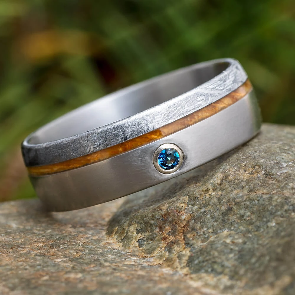 Alexandrite Men's Wedding Band With Meteorite And Whiskey Barrel Wood 3 Alexandrite Men's Wedding Band With Meteorite And Whiskey Barrel Wood