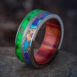 Glow In The Dark Dinosaur Bone Ring With Meteorite And Turquoise
