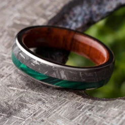 Unique Men's Wedding Band With Meteorite, Ironwood Sleeve And Malachite