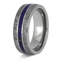 Meteorite & Lapis Lazuli Men's Wedding Band, Blue Ring For Groom -Johan Jewelry Shop E3864 Lapis Meteorite 3