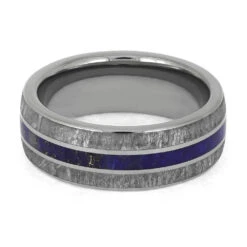 Meteorite & Lapis Lazuli Men's Wedding Band, Blue Ring For Groom -Johan Jewelry Shop E3864 Lapis Meteorite 4