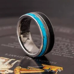 Vinyl Record Ring With Guitar String And Turquoise