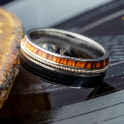 Guitar String Ring With Vinyl LP Record, Palm Wood Wedding Band -Johan Jewelry Shop E3961ArtSeptemberCropped 10