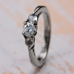 Moonstone & Moissanite Three Stone Engagement Ring -Johan Jewelry Shop E4002PTDenleyArtCropped 8 9 11 12 13